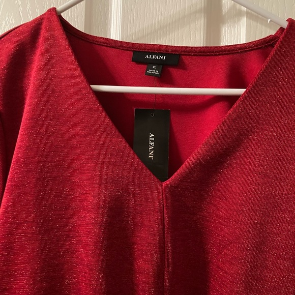 Alfani Women’s Dressy Red Shine Knit V Neck Long Sleeve Mock Surplice Top XL - Picture 4 of 5